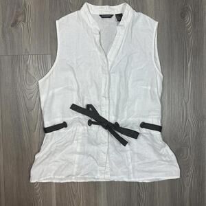 Autograph‎ Women's Sleeveless Linen Button-Up Top with Black Leather Tie